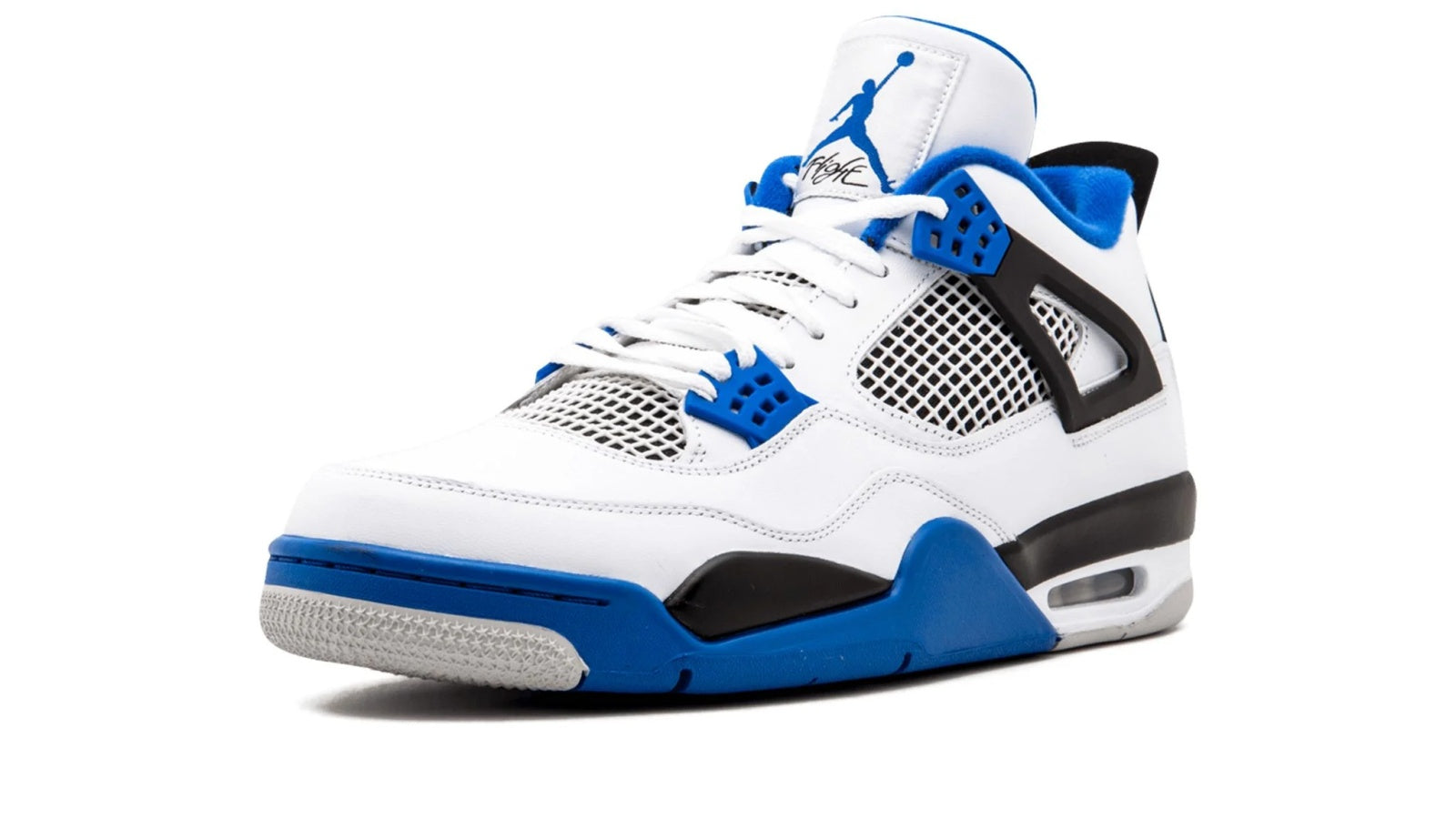 Air Jordan 4 Retro Motorsports - Classic White Leather with Varsity Blue Accents