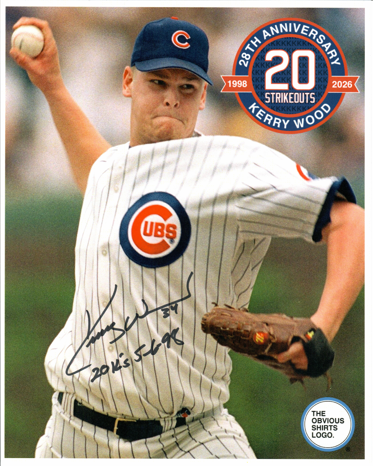 KERRY WOOD 28TH ANNIVERSARY SIGNED 20 STRIKEOUT 8x10 PHOTO